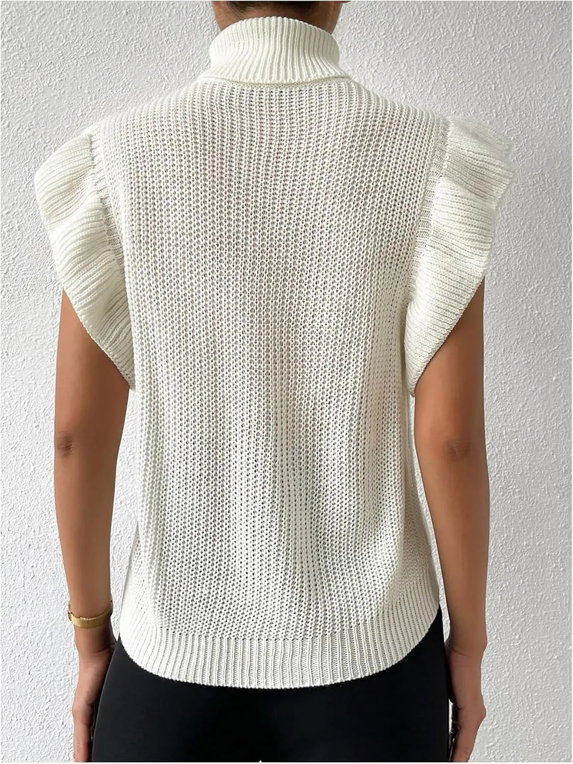 Floerns Women's Ruffle Trim Cable Knit Sweater Vest Turtleneck Sleeveless Tank Tops