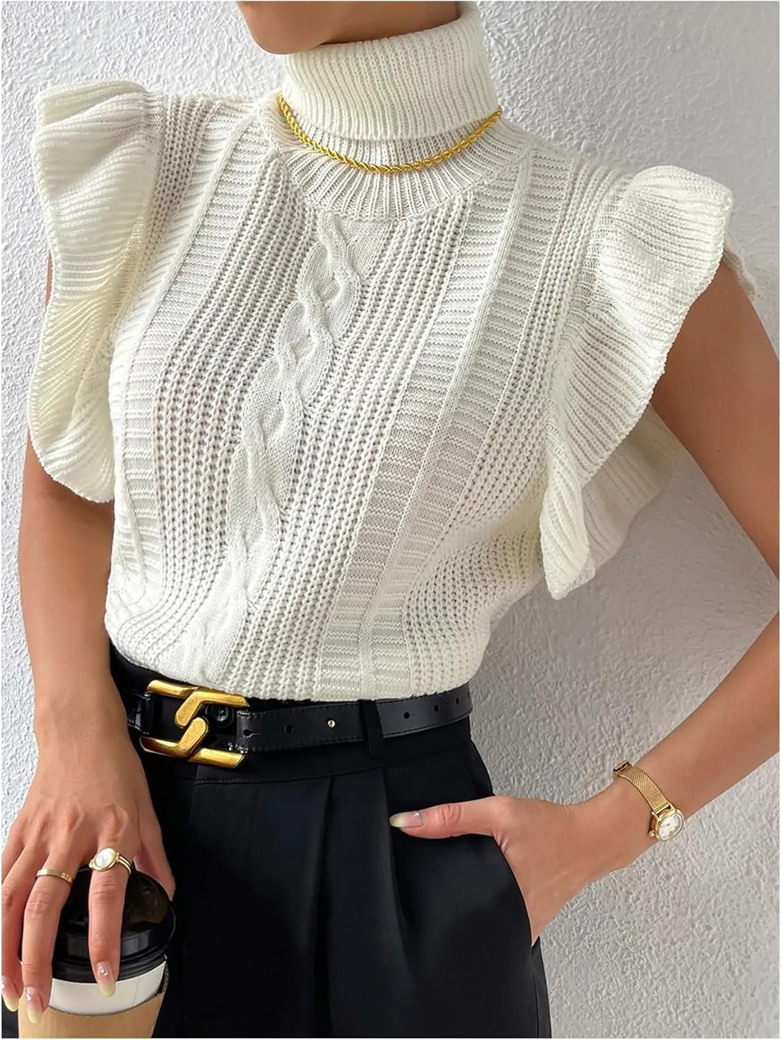 Floerns Women's Ruffle Trim Cable Knit Sweater Vest Turtleneck Sleeveless Tank Tops