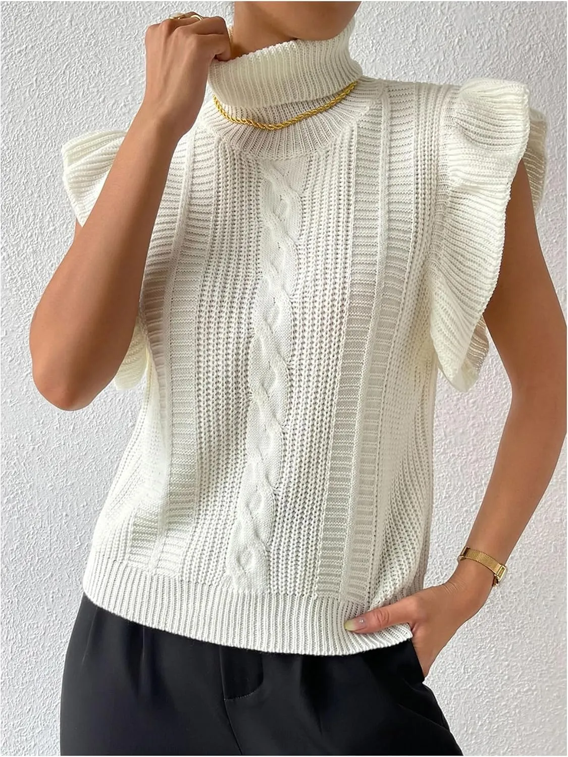 Floerns Women's Ruffle Trim Cable Knit Sweater Vest Turtleneck Sleeveless Tank Tops