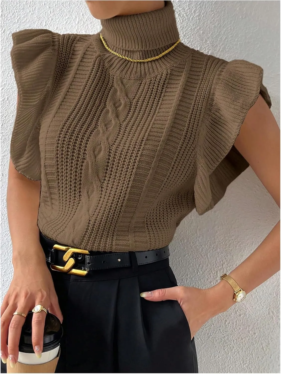 Floerns Women's Ruffle Trim Cable Knit Sweater Vest Turtleneck Sleeveless Tank Tops