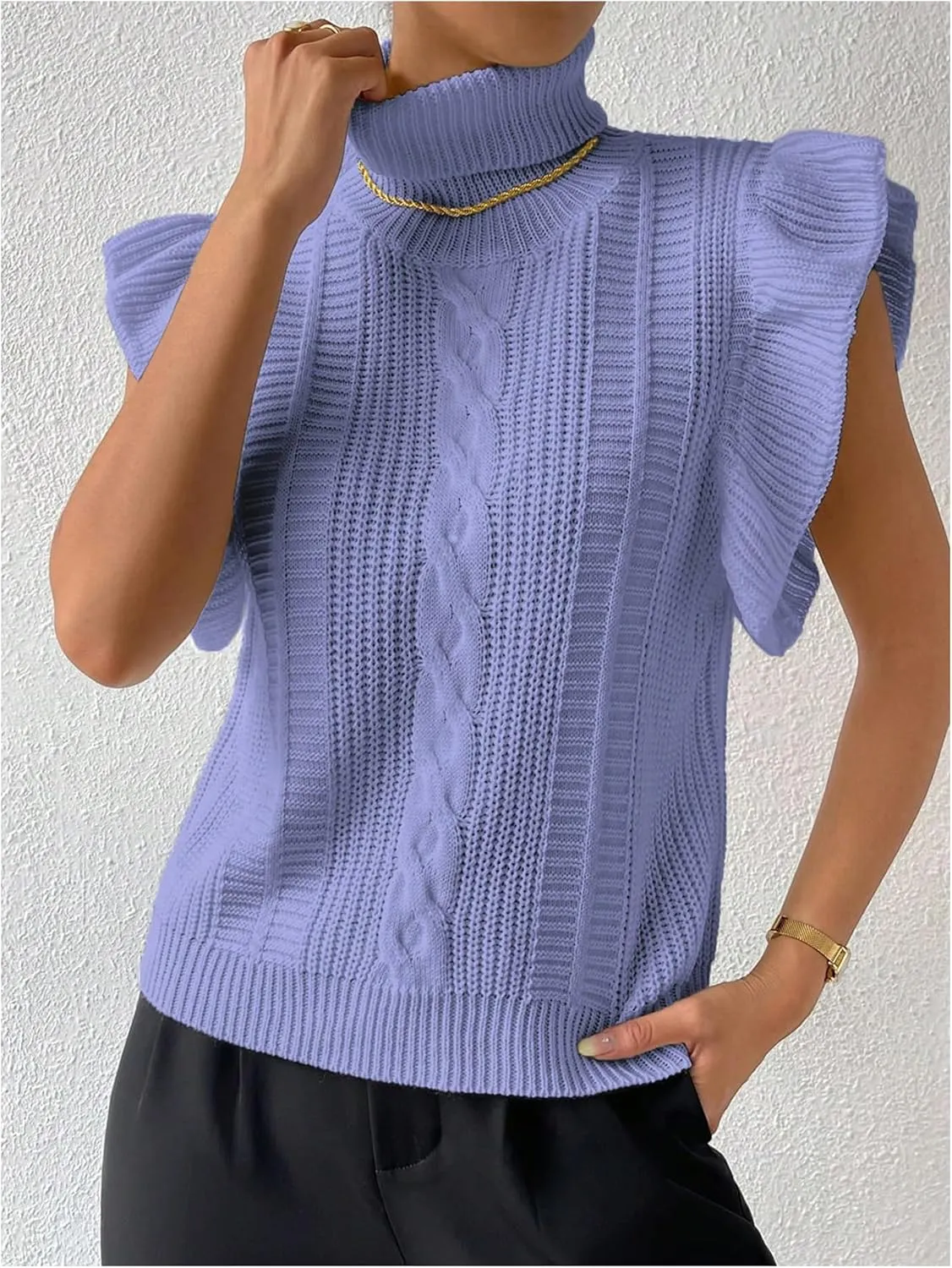 Floerns Women's Ruffle Trim Cable Knit Sweater Vest Turtleneck Sleeveless Tank Tops