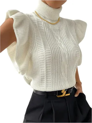 Floerns Women's Ruffle Trim Cable Knit Sweater Vest Turtleneck Sleeveless Tank Tops