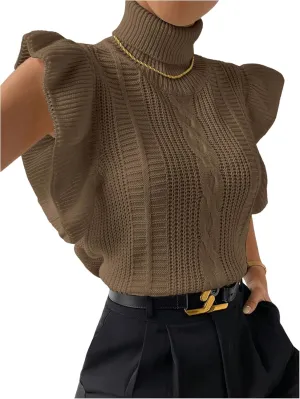 Floerns Women's Ruffle Trim Cable Knit Sweater Vest Turtleneck Sleeveless Tank Tops