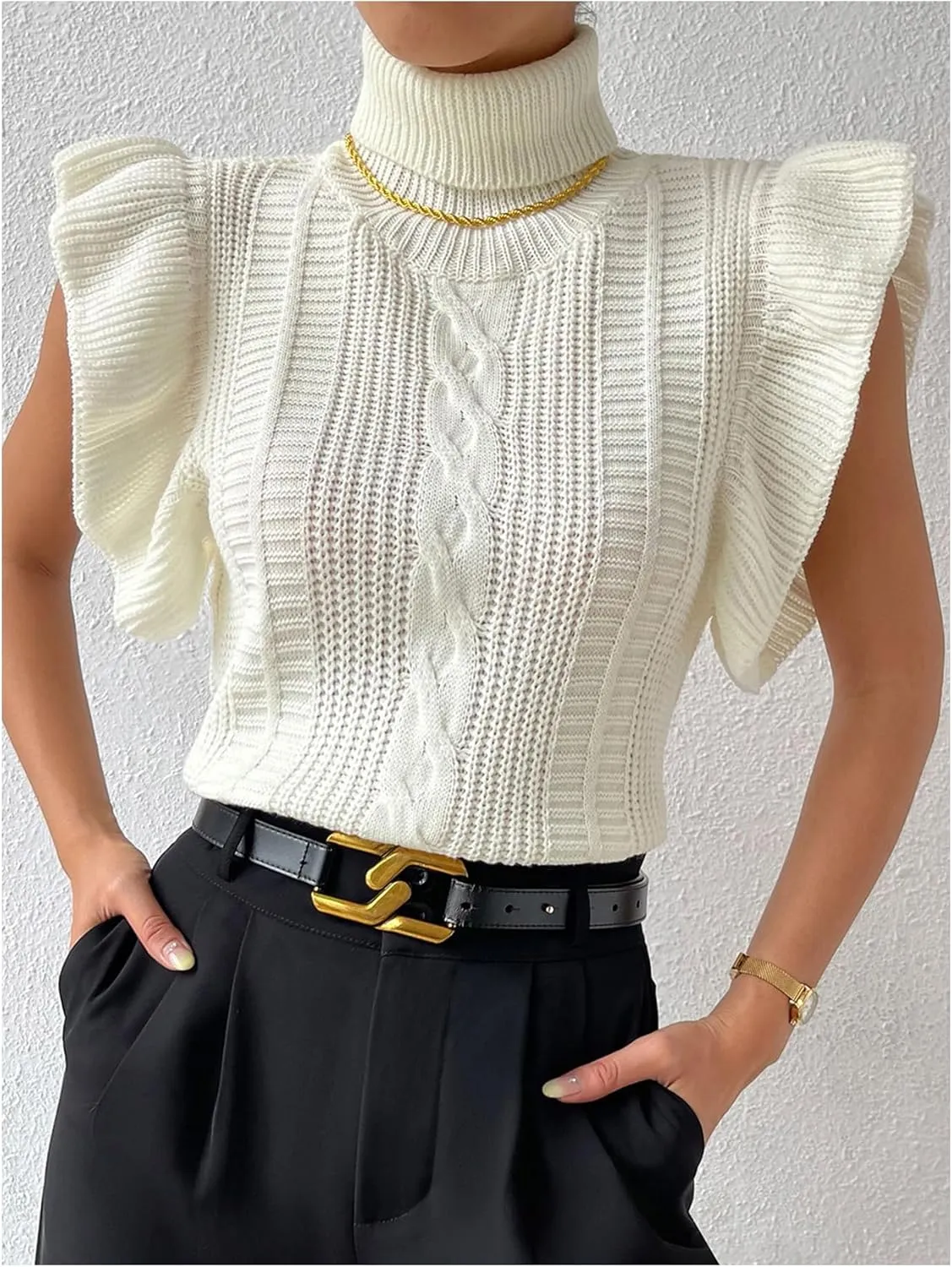 Floerns Women's Ruffle Trim Cable Knit Sweater Vest Turtleneck Sleeveless Tank Tops