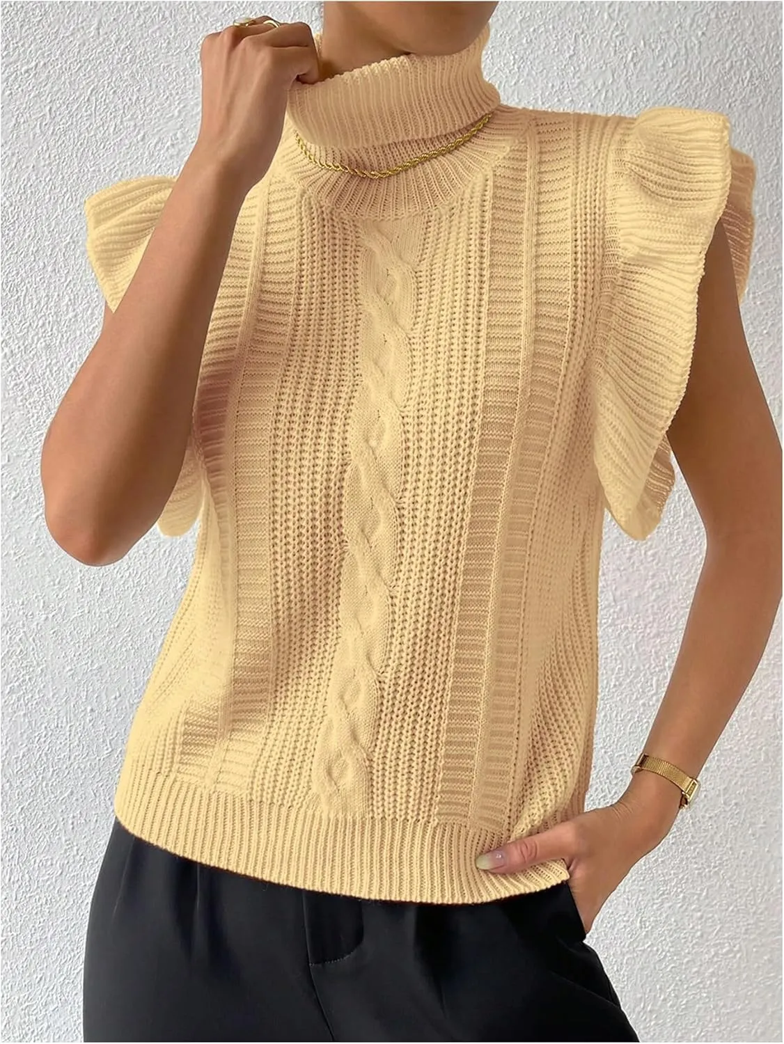 Floerns Women's Ruffle Trim Cable Knit Sweater Vest Turtleneck Sleeveless Tank Tops