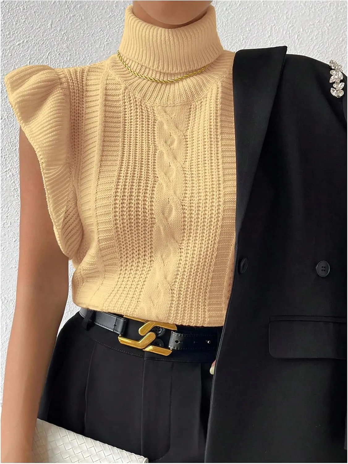 Floerns Women's Ruffle Trim Cable Knit Sweater Vest Turtleneck Sleeveless Tank Tops