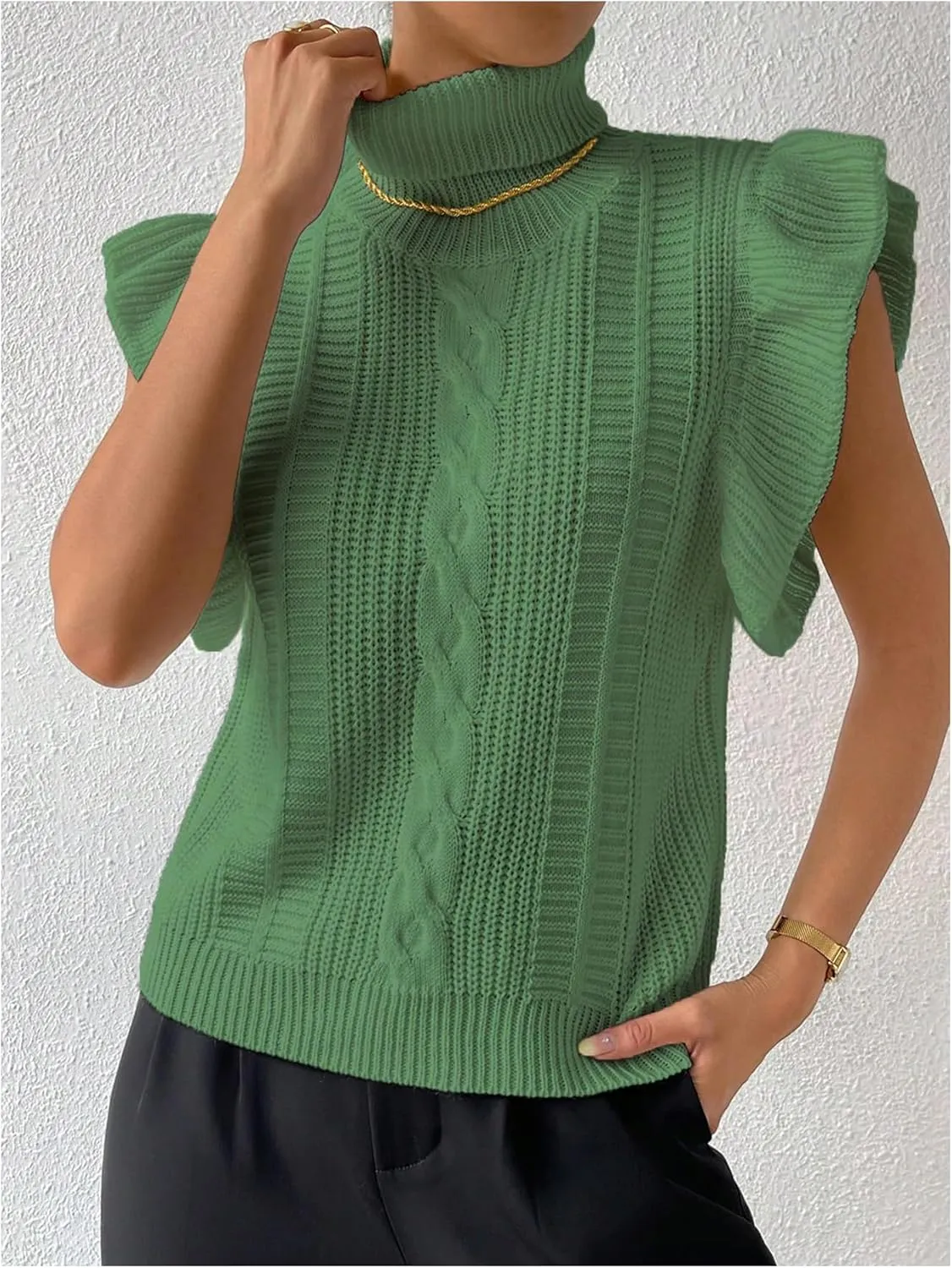 Floerns Women's Ruffle Trim Cable Knit Sweater Vest Turtleneck Sleeveless Tank Tops