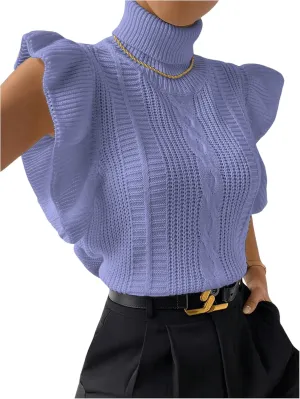 Floerns Women's Ruffle Trim Cable Knit Sweater Vest Turtleneck Sleeveless Tank Tops
