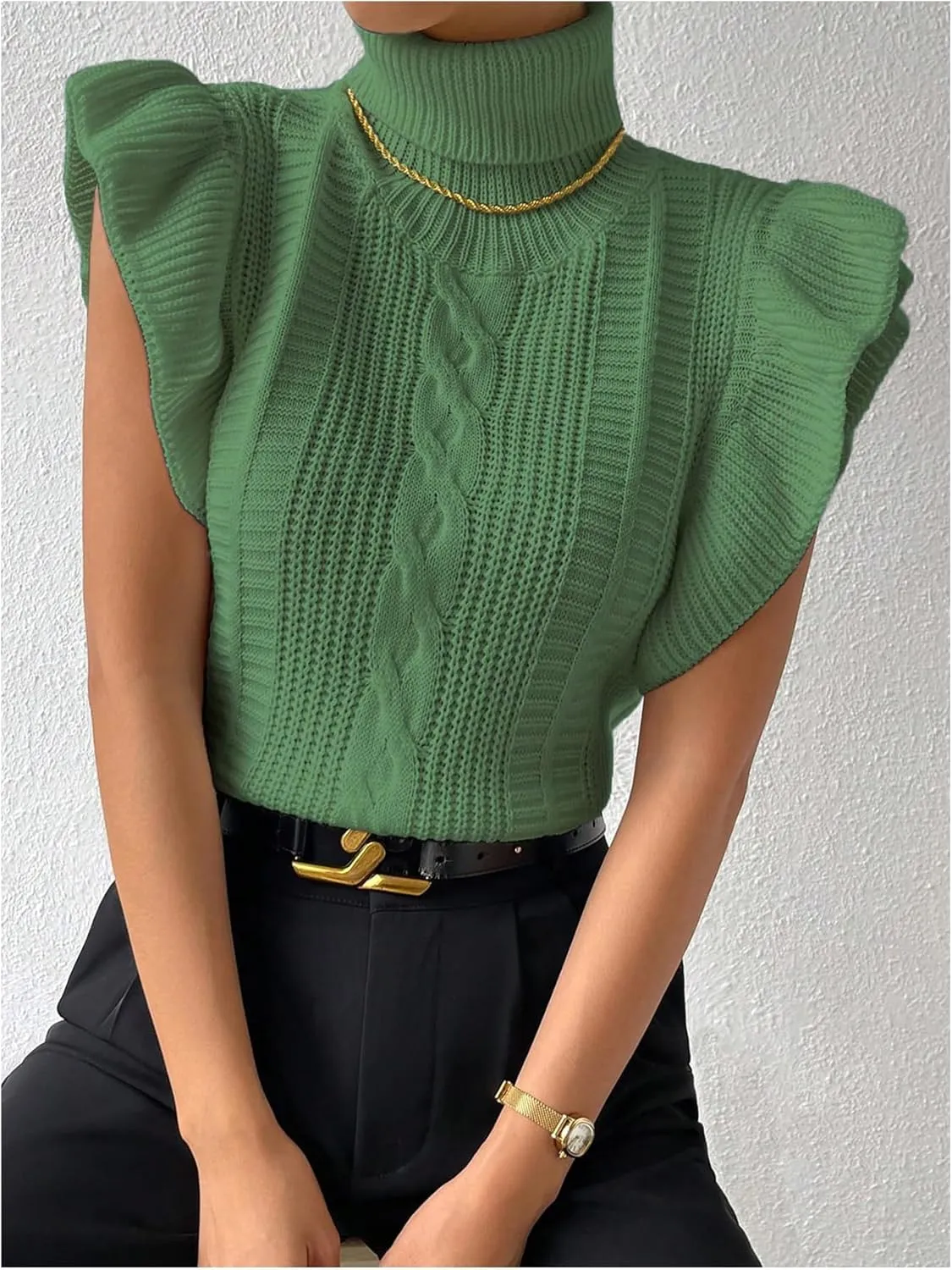 Floerns Women's Ruffle Trim Cable Knit Sweater Vest Turtleneck Sleeveless Tank Tops