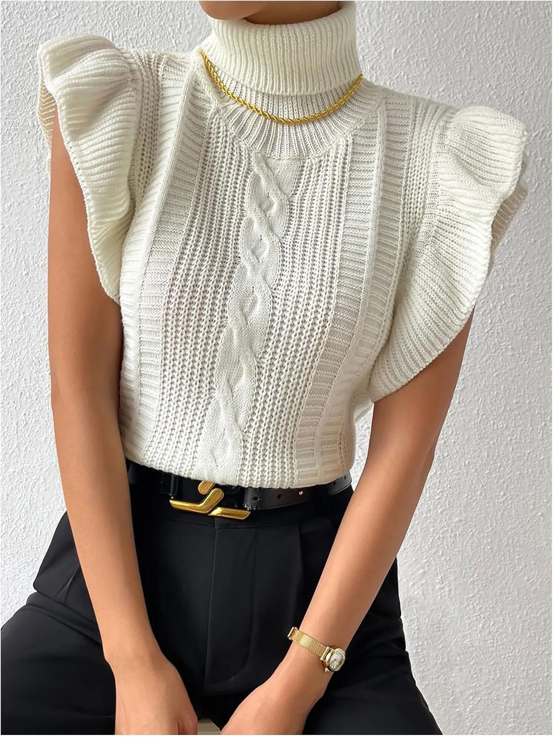 Floerns Women's Ruffle Trim Cable Knit Sweater Vest Turtleneck Sleeveless Tank Tops