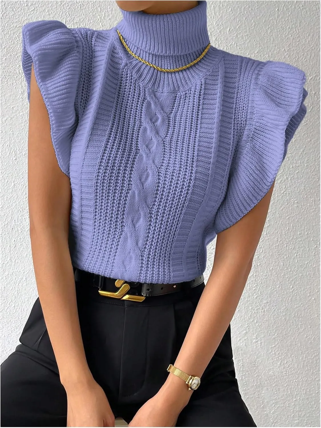 Floerns Women's Ruffle Trim Cable Knit Sweater Vest Turtleneck Sleeveless Tank Tops