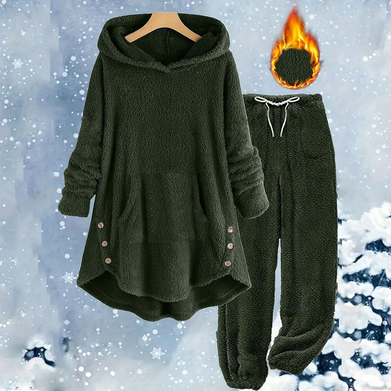 Fuzzy Fleece Lounge Sets Women Plus Size Warm 2 Piece Outfits Sherpa Fleece Lined Hoodie Tops and Pants Pjs Set