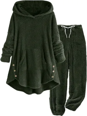 Fuzzy Fleece Lounge Sets Women Plus Size Warm 2 Piece Outfits Sherpa Fleece Lined Hoodie Tops and Pants Pjs Set