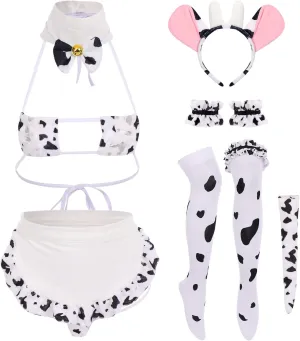 FYMNSI Women Sexy Milk Cow Lingerie Set Anime Maid Cosplay Costume Mini Bikini Bra Bodysuit with Bell Choker Stockings Outfit