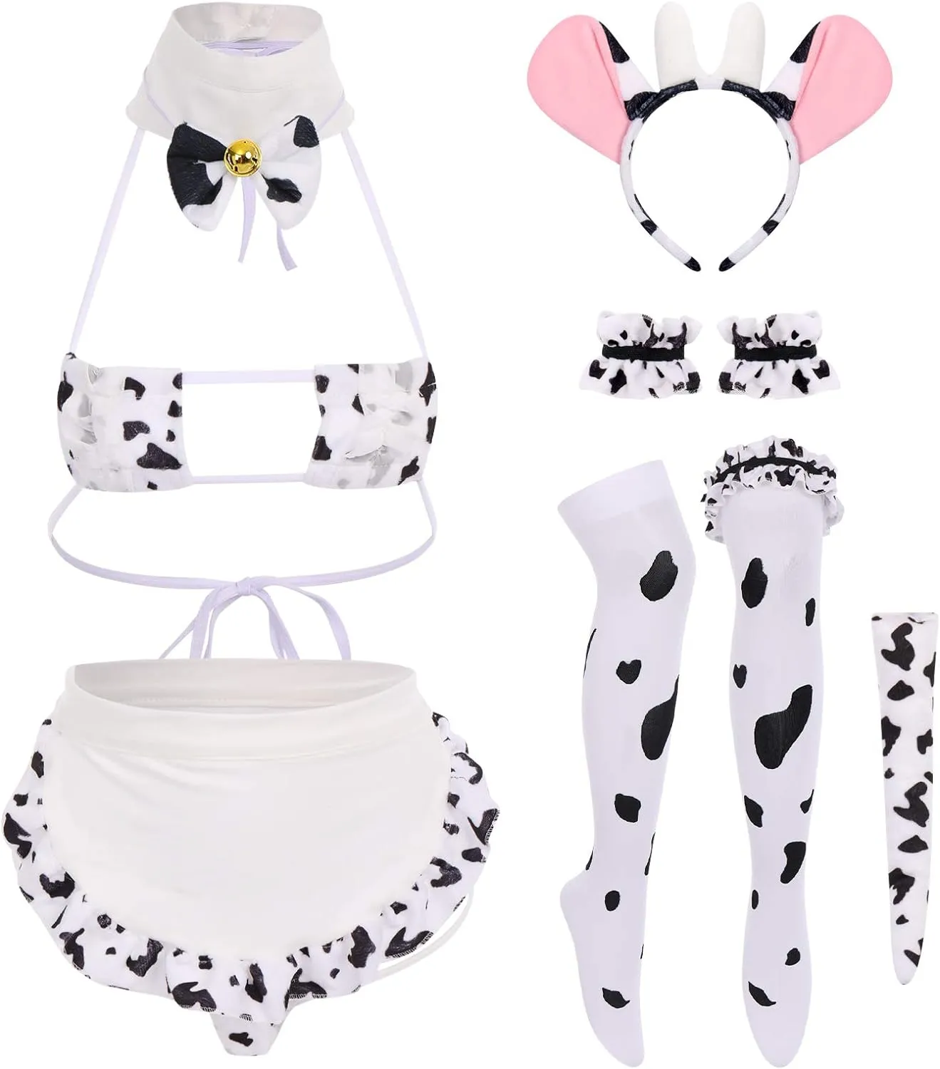 FYMNSI Women Sexy Milk Cow Lingerie Set Anime Maid Cosplay Costume Mini Bikini Bra Bodysuit with Bell Choker Stockings Outfit