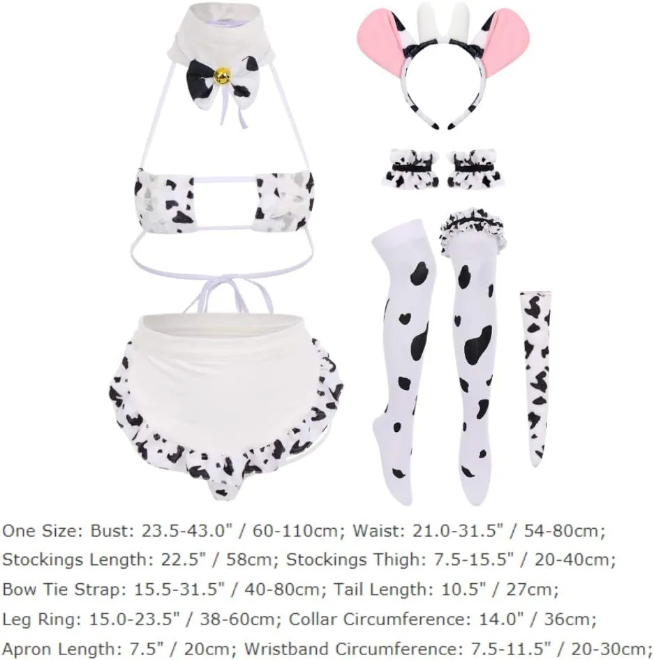FYMNSI Women Sexy Milk Cow Lingerie Set Anime Maid Cosplay Costume Mini Bikini Bra Bodysuit with Bell Choker Stockings Outfit