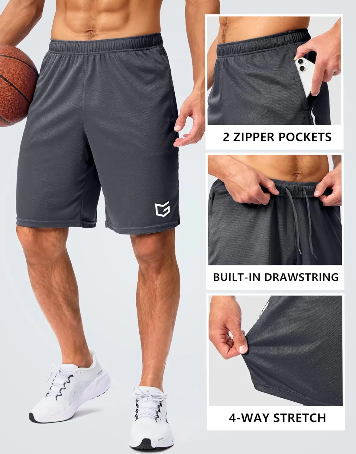 G Gradual Men's Gym Shorts 5"/7"/10" with Zipper Pockets Basketball Athletic Mesh Quick Dry Shorts for Workout Running Tennis