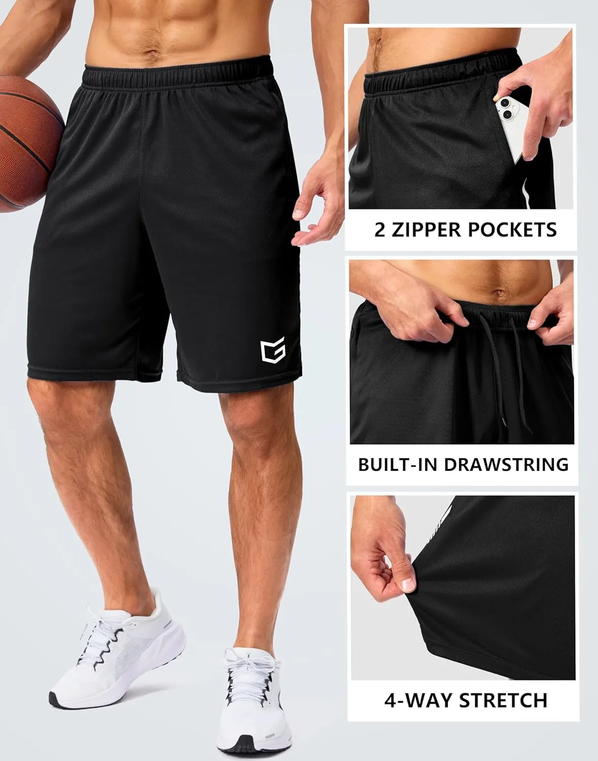 G Gradual Men's Gym Shorts 5"/7"/10" with Zipper Pockets Basketball Athletic Mesh Quick Dry Shorts for Workout Running Tennis