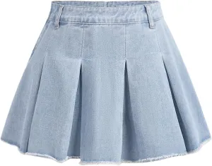 Girl's Y2K Solid High Waist Raw Hem Pleated Skirt Casual Regular Fit Mini Denim Skirt