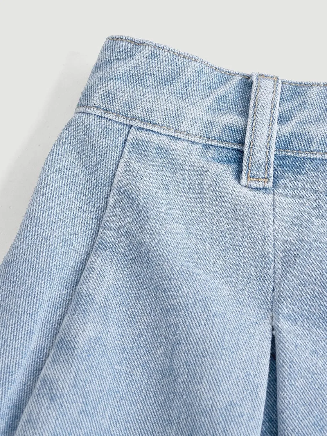Girl's Y2K Solid High Waist Raw Hem Pleated Skirt Casual Regular Fit Mini Denim Skirt