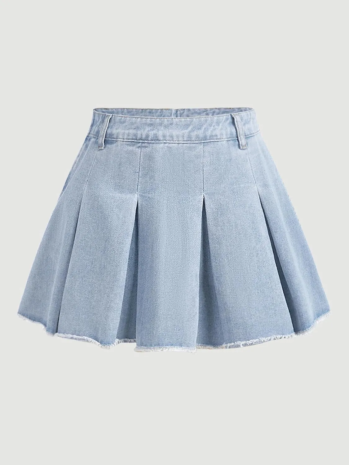 Girl's Y2K Solid High Waist Raw Hem Pleated Skirt Casual Regular Fit Mini Denim Skirt