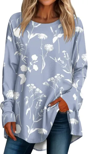 Going Out Tops For Women, Womens Loose Fit Long Sleeve Blouse Trendy Crewneck Tunics Or Tops To Wear With Leggings