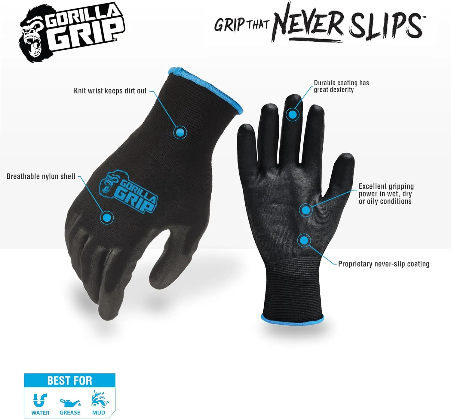 Gorilla Grip Gloves, Max Grip, All Purpose Work Gloves, Slip Resistant, Nylon Shell, Medium, 25 Pairs