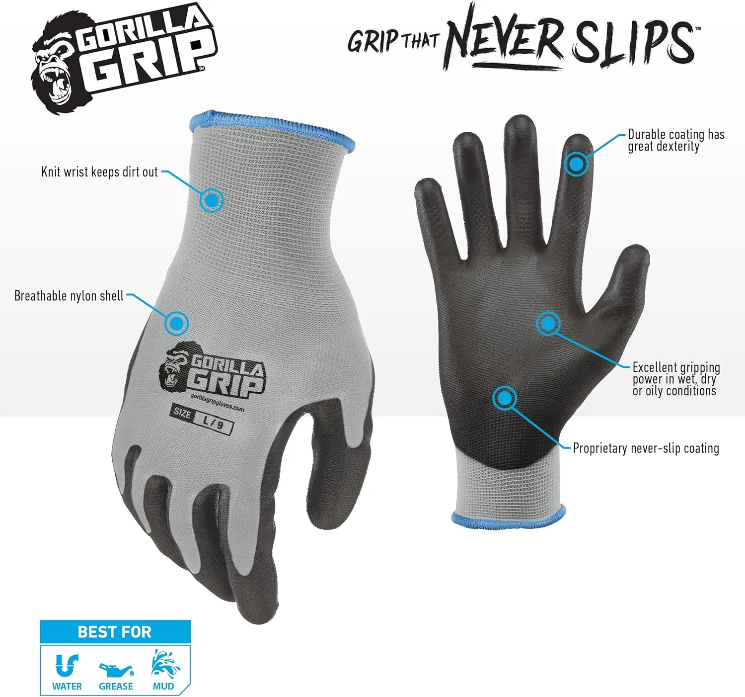 GREASE MONKEY Gorilla Grip Grey Slip Resistant All Purpose Work Gloves
