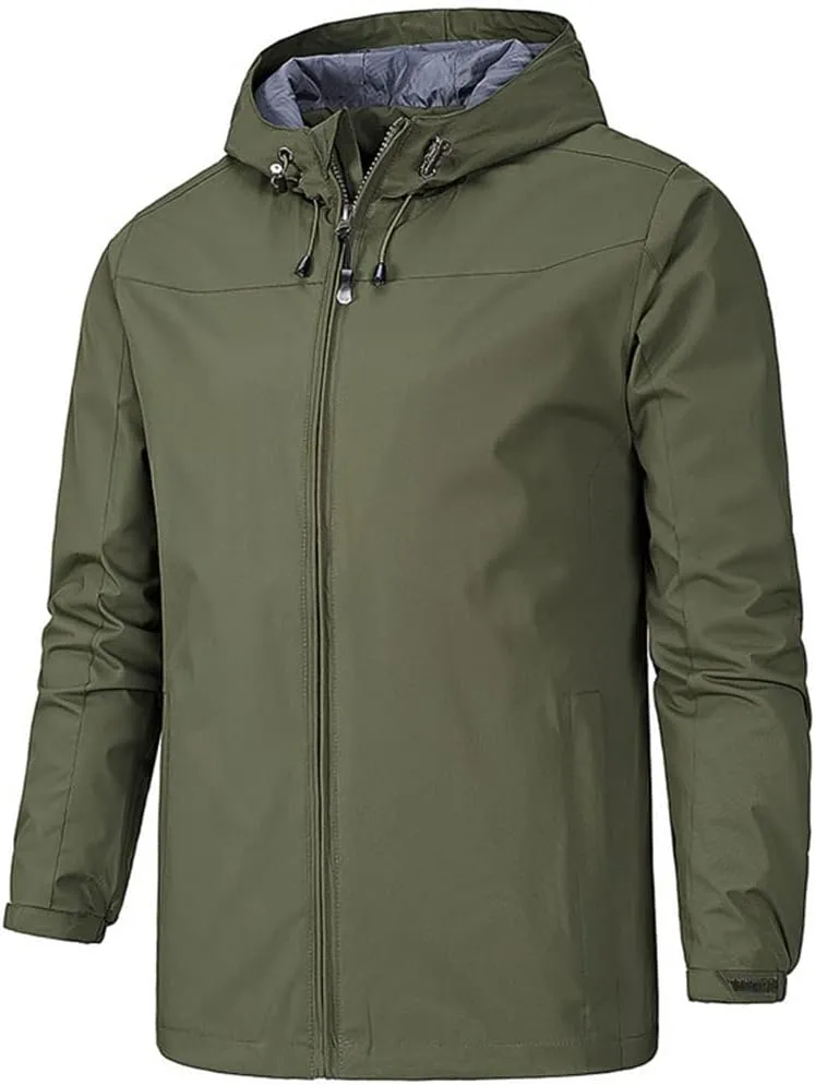 Hcclijo Men Jackets Windproof Waterproof Solid Color Jackets Hooded Outdoor Mountaineering Jackets