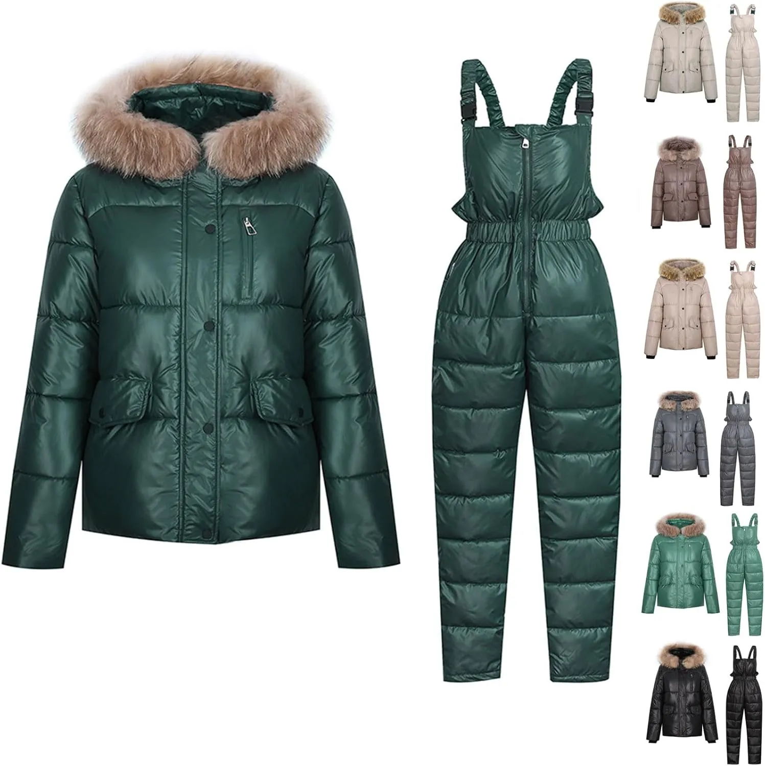 HGps8w Women's 2 Piece Outfits - Faux Fur Hooded Winter Coat Thicken Puffer Jacket Parka & Down Pants Warm Ski Snow Suits