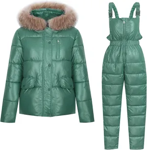 HGps8w Women's 2 Piece Outfits - Faux Fur Hooded Winter Coat Thicken Puffer Jacket Parka & Down Pants Warm Ski Snow Suits