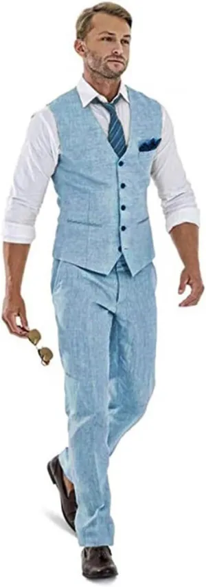 High-End Suits Casual Linen Beige Men's 2 Piece Suits Wedding Suits Slim Fit Groomsmen Tuxedos Summer Linen Vest Pant