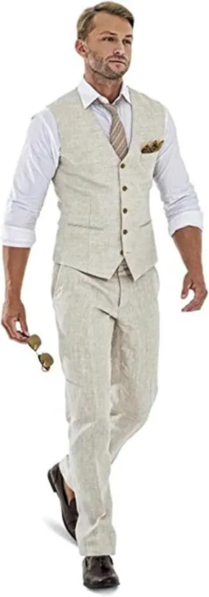 High-End Suits Casual Linen Beige Men's 2 Piece Suits Wedding Suits Slim Fit Groomsmen Tuxedos Summer Linen Vest Pant