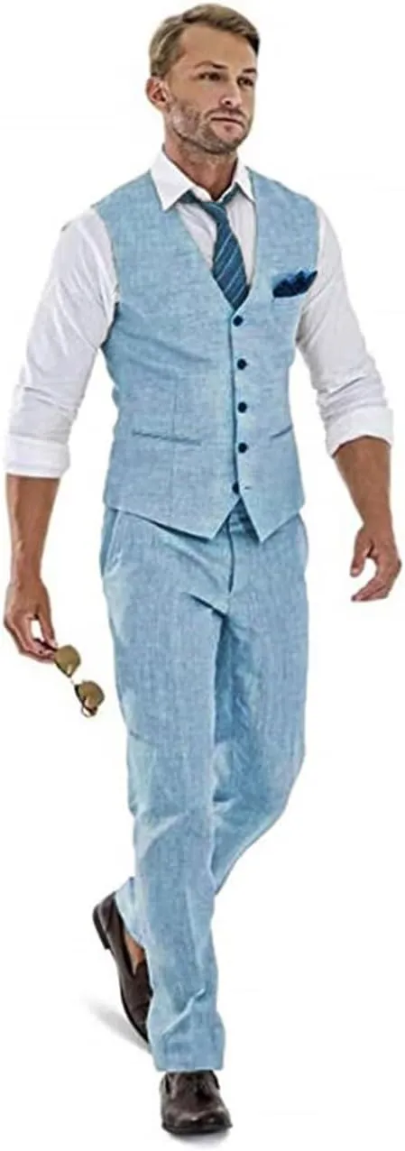 High-End Suits Casual Linen Beige Men's 2 Piece Suits Wedding Suits Slim Fit Groomsmen Tuxedos Summer Linen Vest Pant