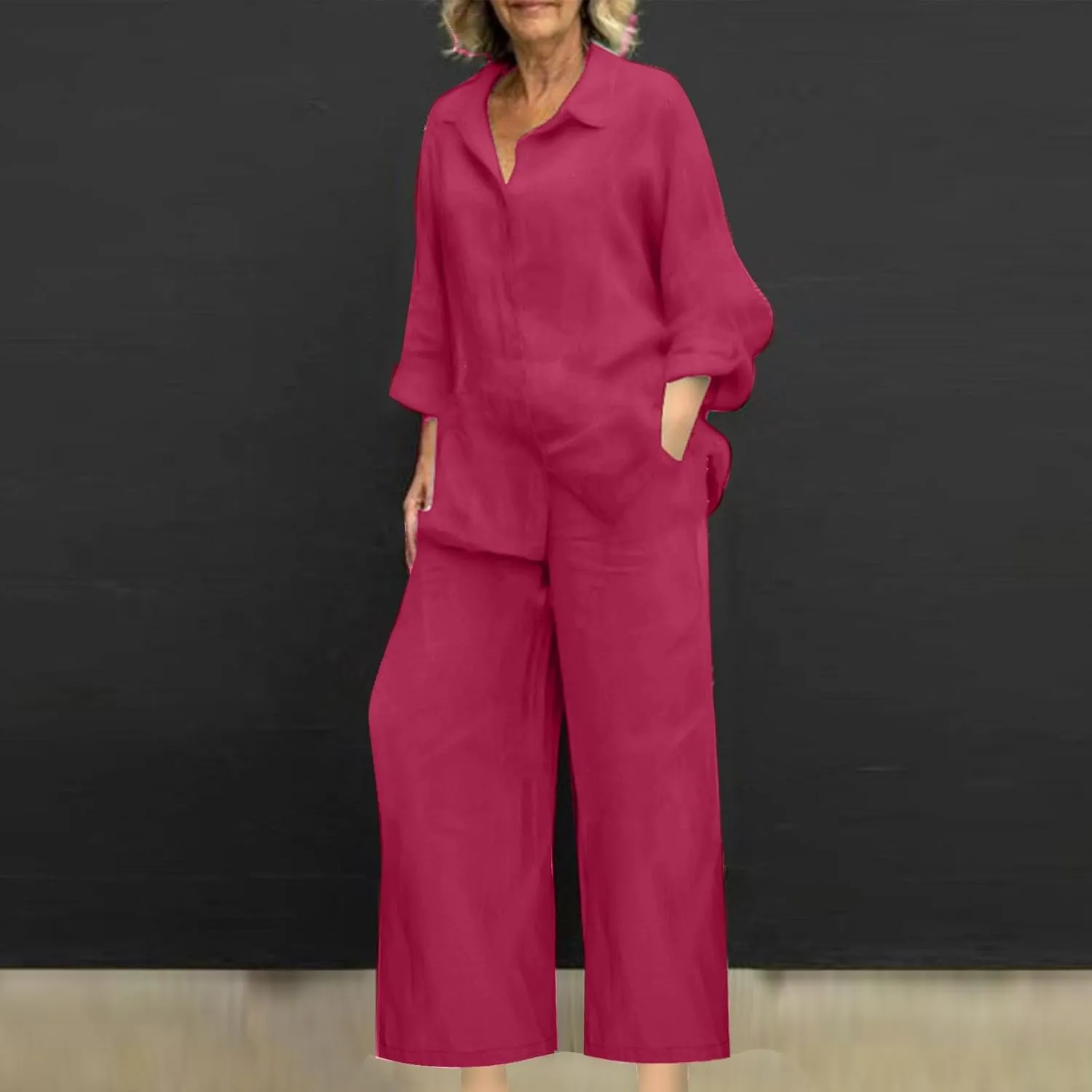 hlysgo Cotton Linen 2 Piece Outfits for Women Casual Loose Fit Long Sleeve Button Down Shirts and Pants Plus Size Set
