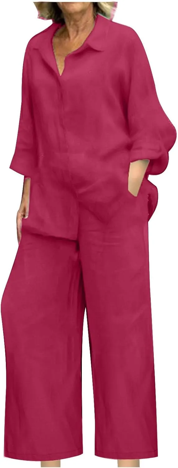 hlysgo Cotton Linen 2 Piece Outfits for Women Casual Loose Fit Long Sleeve Button Down Shirts and Pants Plus Size Set