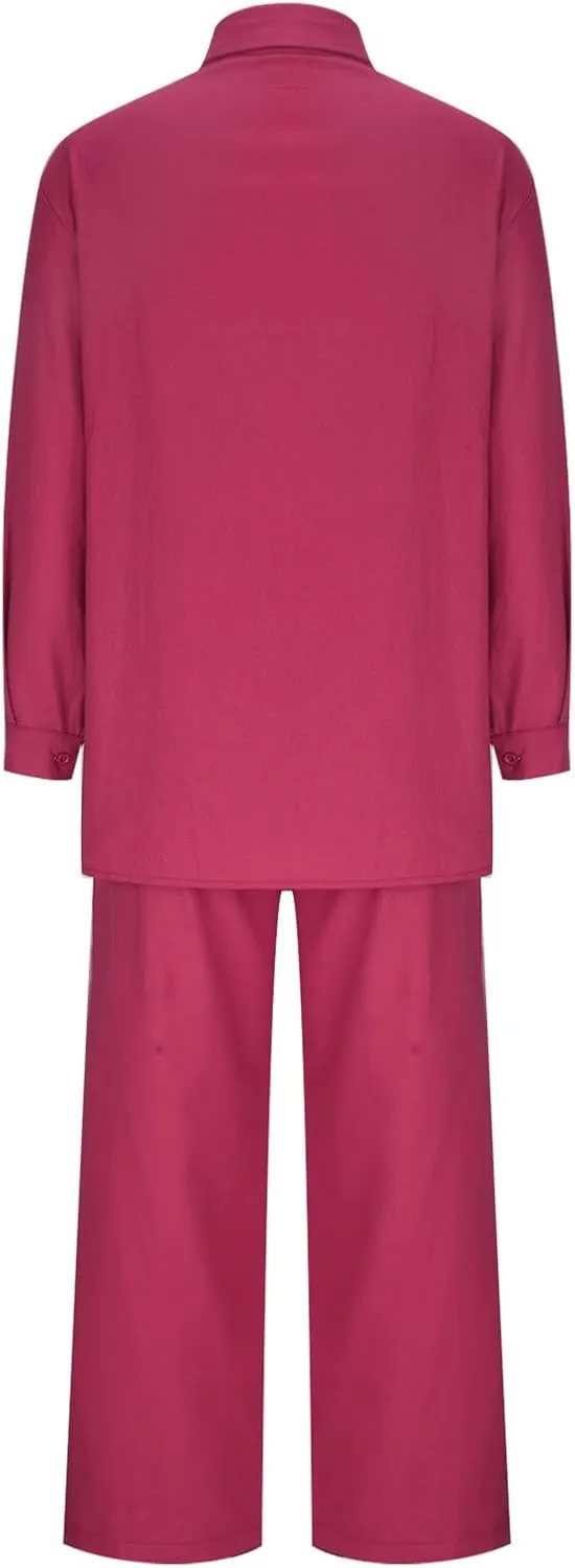 hlysgo Cotton Linen 2 Piece Outfits for Women Casual Loose Fit Long Sleeve Button Down Shirts and Pants Plus Size Set