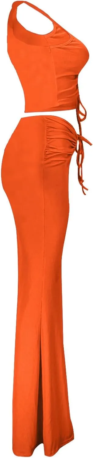 hlysgo Two Piece Outfits for Women Sexy Shirring Sleeveless Round Neck Crop Tops Drawstring Waist Maxi Skirt Lounge Set