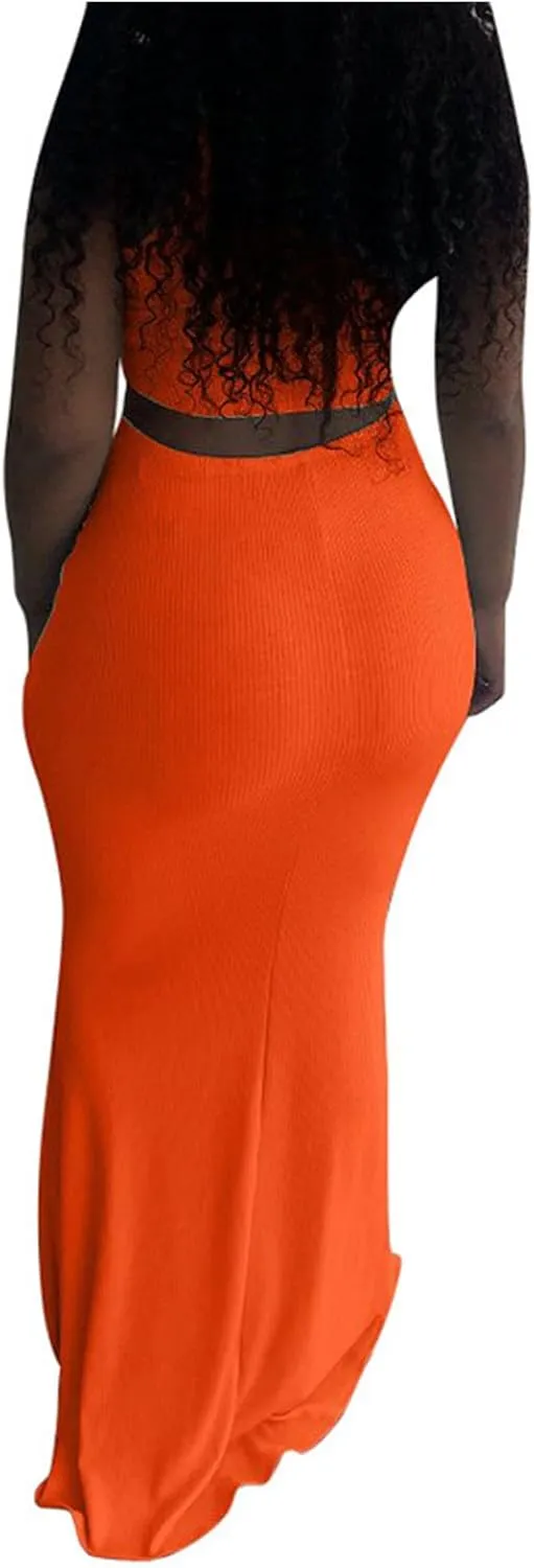 hlysgo Two Piece Outfits for Women Sexy Shirring Sleeveless Round Neck Crop Tops Drawstring Waist Maxi Skirt Lounge Set