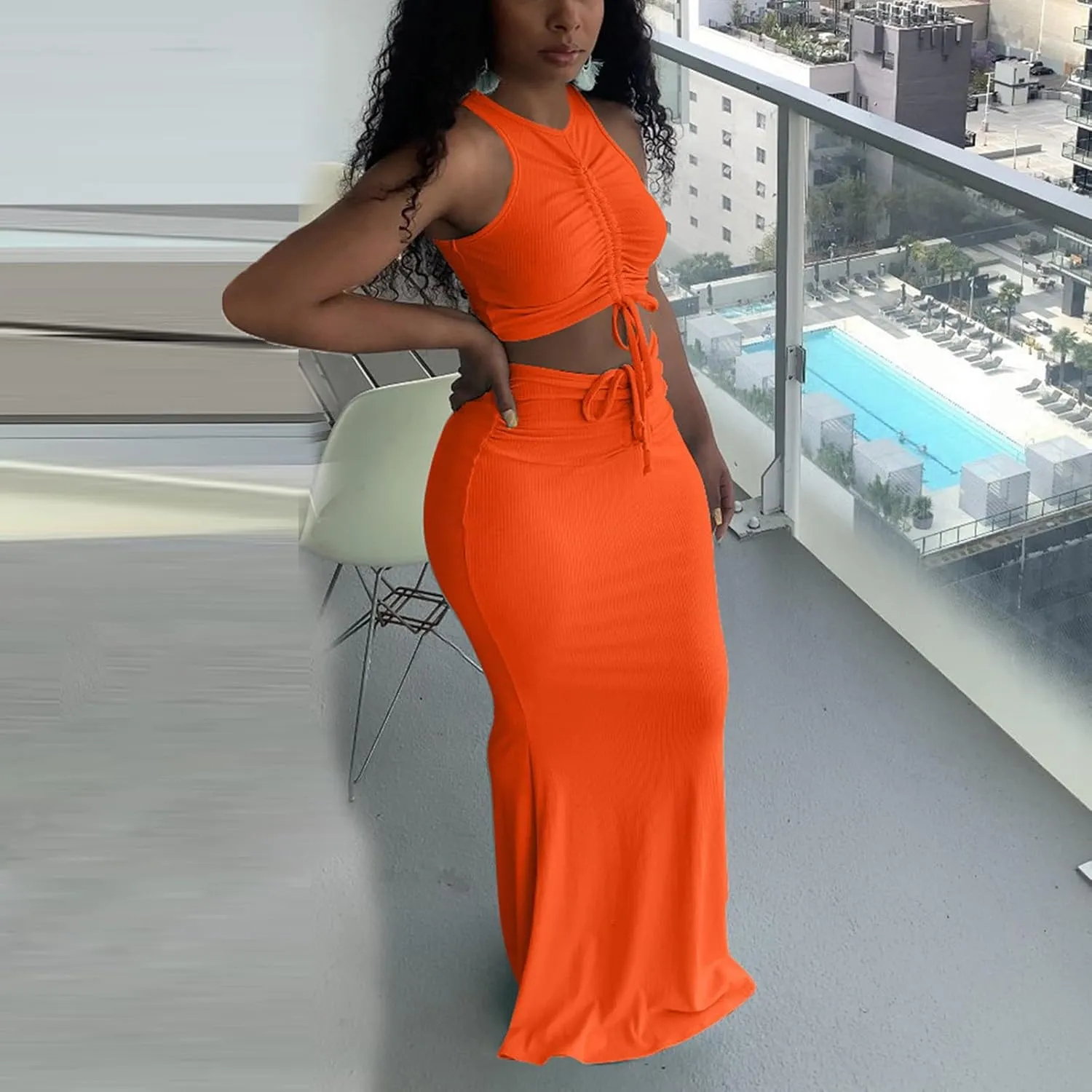 hlysgo Two Piece Outfits for Women Sexy Shirring Sleeveless Round Neck Crop Tops Drawstring Waist Maxi Skirt Lounge Set