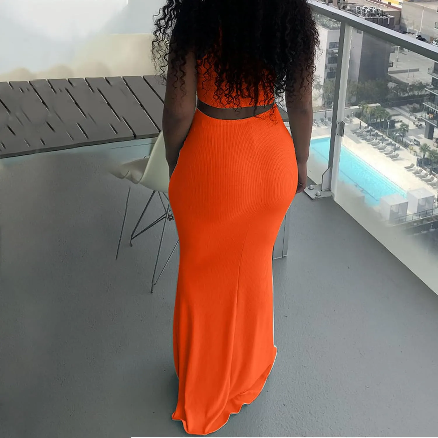 hlysgo Two Piece Outfits for Women Sexy Shirring Sleeveless Round Neck Crop Tops Drawstring Waist Maxi Skirt Lounge Set