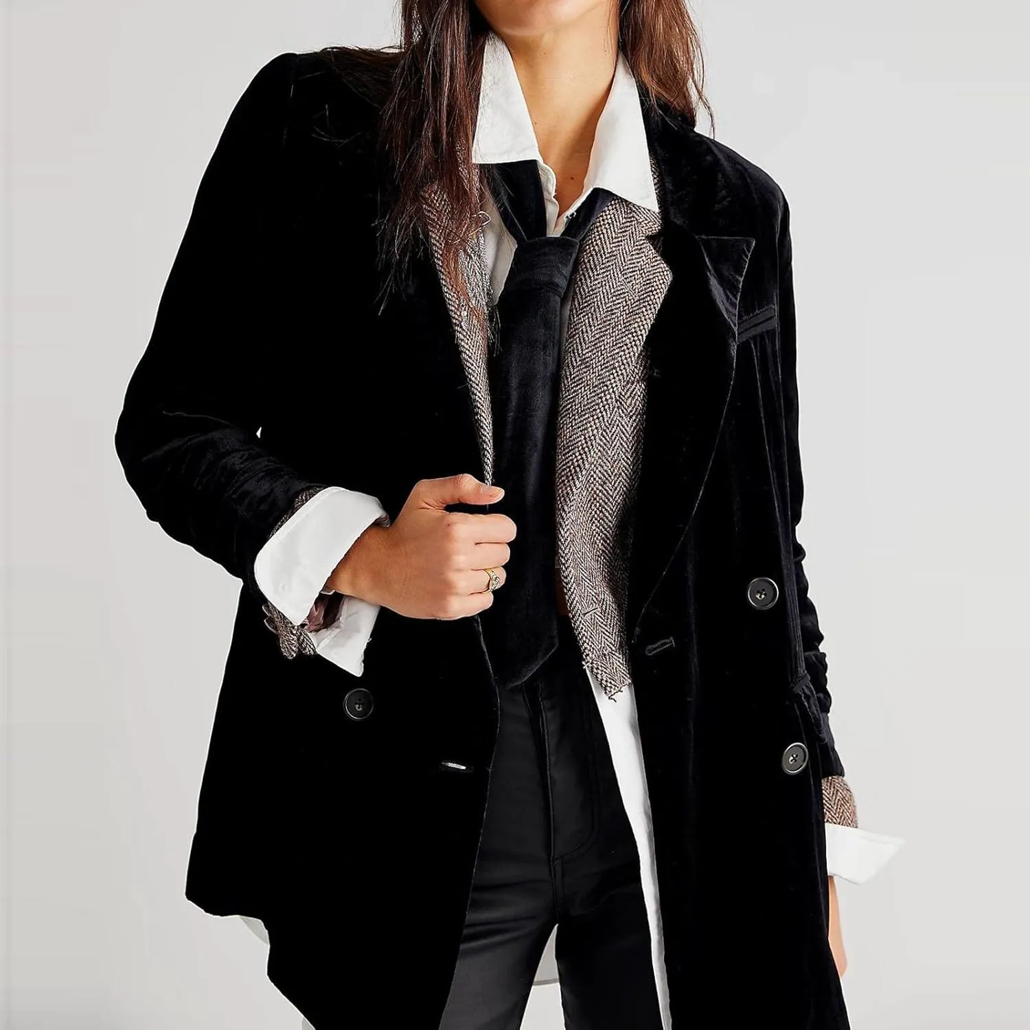 Hot New Velvet Blazer for Women Long Sleeve Collared Suit Jacket Double-Breasted Trench Coats Baggy Blazers Outerwear
