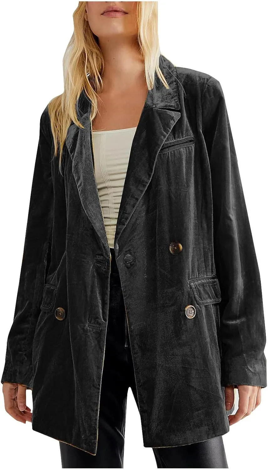 Hot New Velvet Blazer for Women Long Sleeve Collared Suit Jacket Double-Breasted Trench Coats Baggy Blazers Outerwear