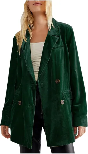 Hot New Velvet Blazer for Women Long Sleeve Collared Suit Jacket Double-Breasted Trench Coats Baggy Blazers Outerwear