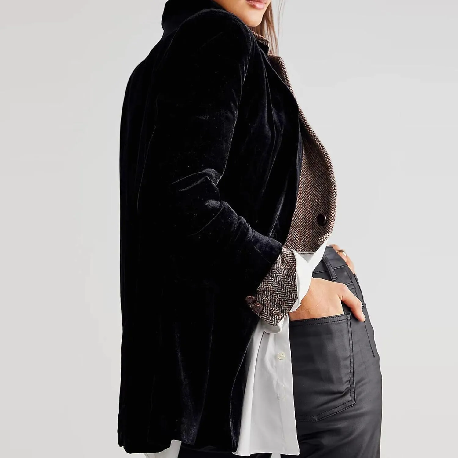 Hot New Velvet Blazer for Women Long Sleeve Collared Suit Jacket Double-Breasted Trench Coats Baggy Blazers Outerwear