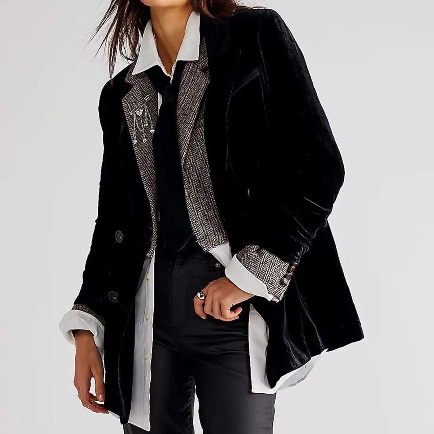 Hot New Velvet Blazer for Women Long Sleeve Collared Suit Jacket Double-Breasted Trench Coats Baggy Blazers Outerwear