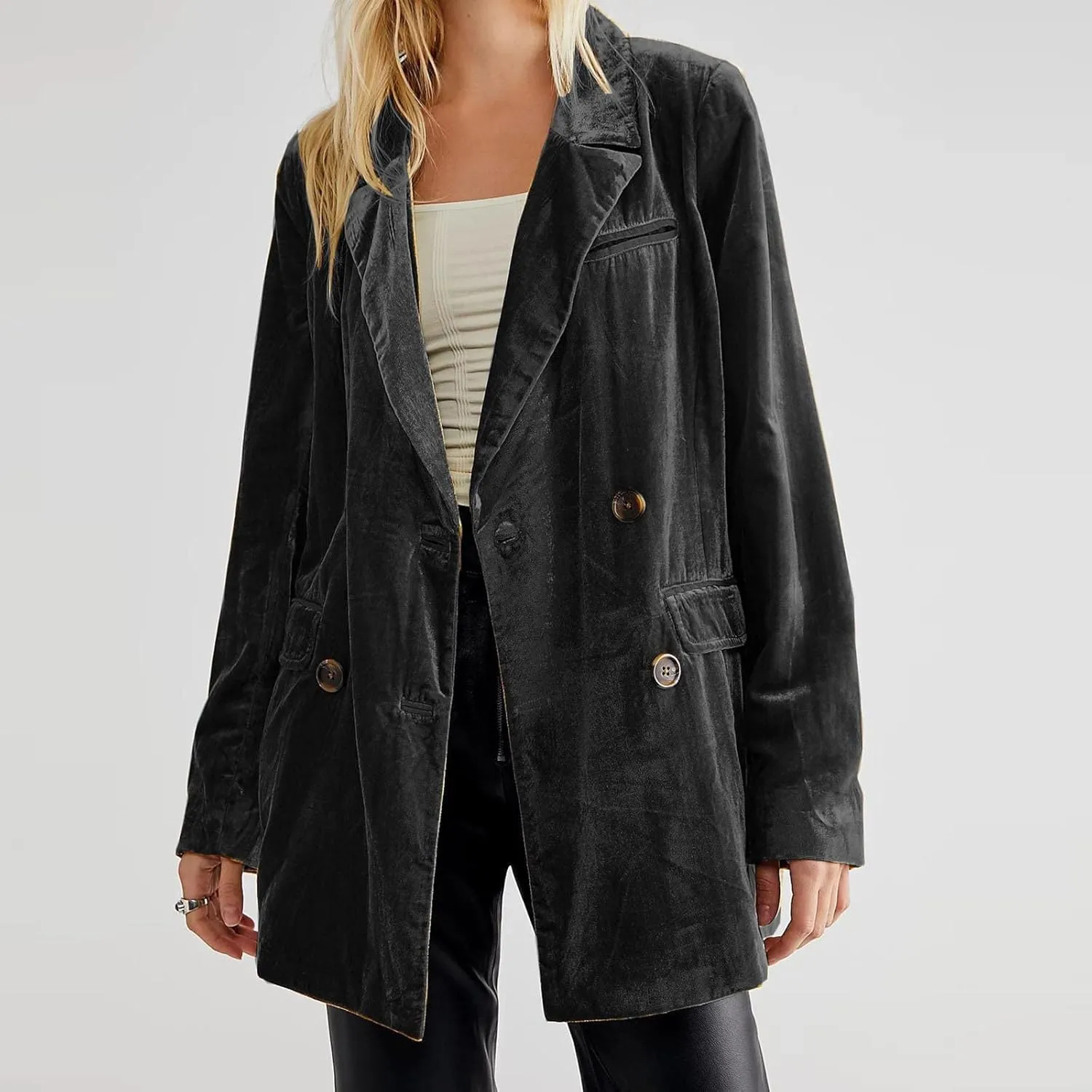 Hot New Velvet Blazer for Women Long Sleeve Collared Suit Jacket Double-Breasted Trench Coats Baggy Blazers Outerwear