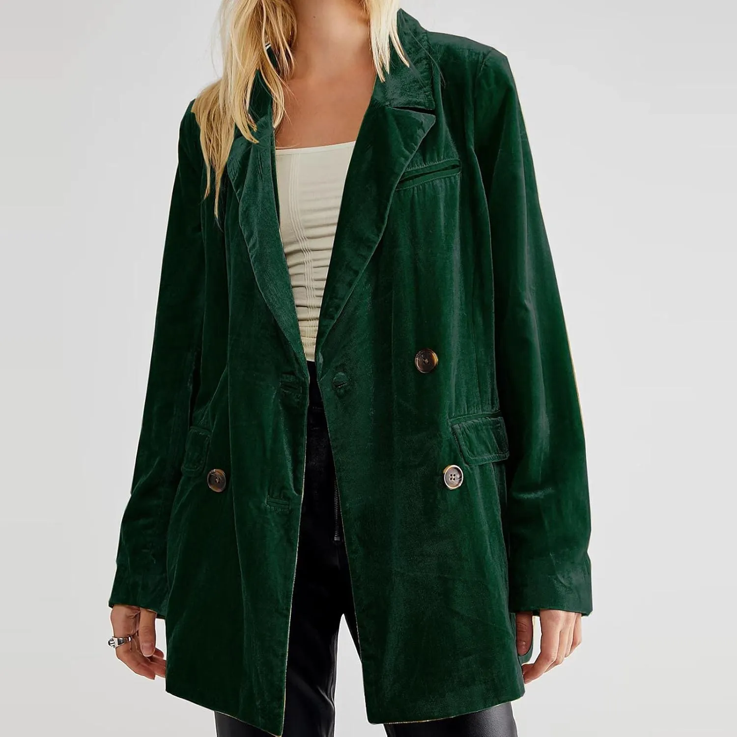 Hot New Velvet Blazer for Women Long Sleeve Collared Suit Jacket Double-Breasted Trench Coats Baggy Blazers Outerwear