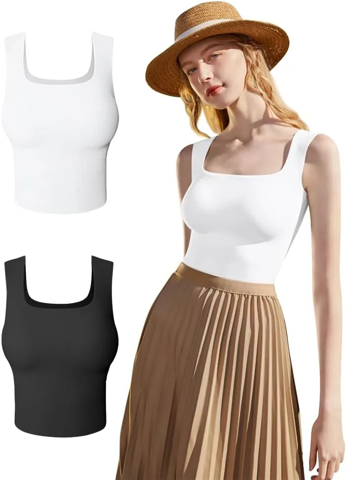 HYZ Women's 2 Piece Tanks Camis Ribbed Sleeveless Workout Going Out Basic Crop Tops