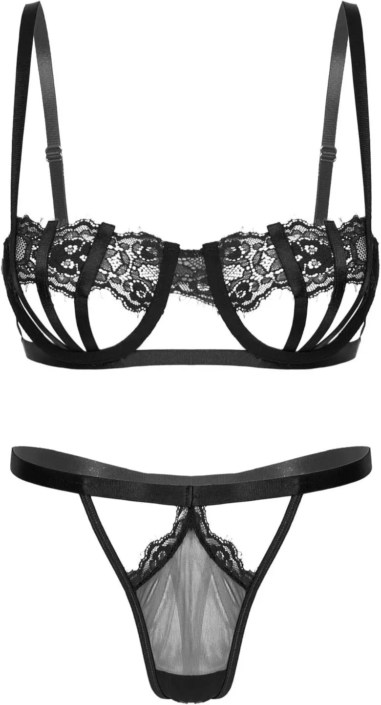 iiniim Women's Lace Bralette Strappy Lingerie Set Bridal Eyelash Bra and Panty Set Mesh Negligee